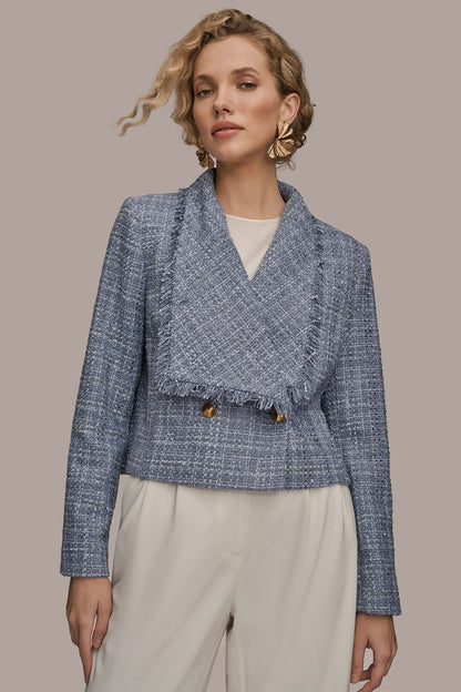 CROPPED DOUBLE-BREASTED FRINGED TWEED JACKET