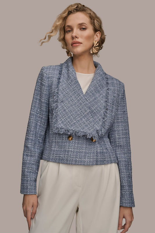 CROPPED DOUBLE-BREASTED FRINGED TWEED JACKET