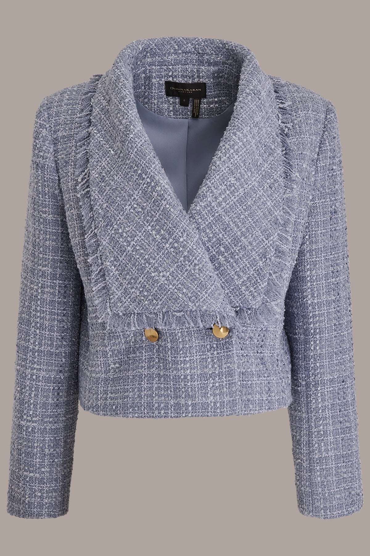 CROPPED DOUBLE-BREASTED FRINGED TWEED JACKET