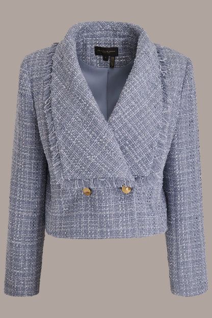 CROPPED DOUBLE-BREASTED FRINGED TWEED JACKET