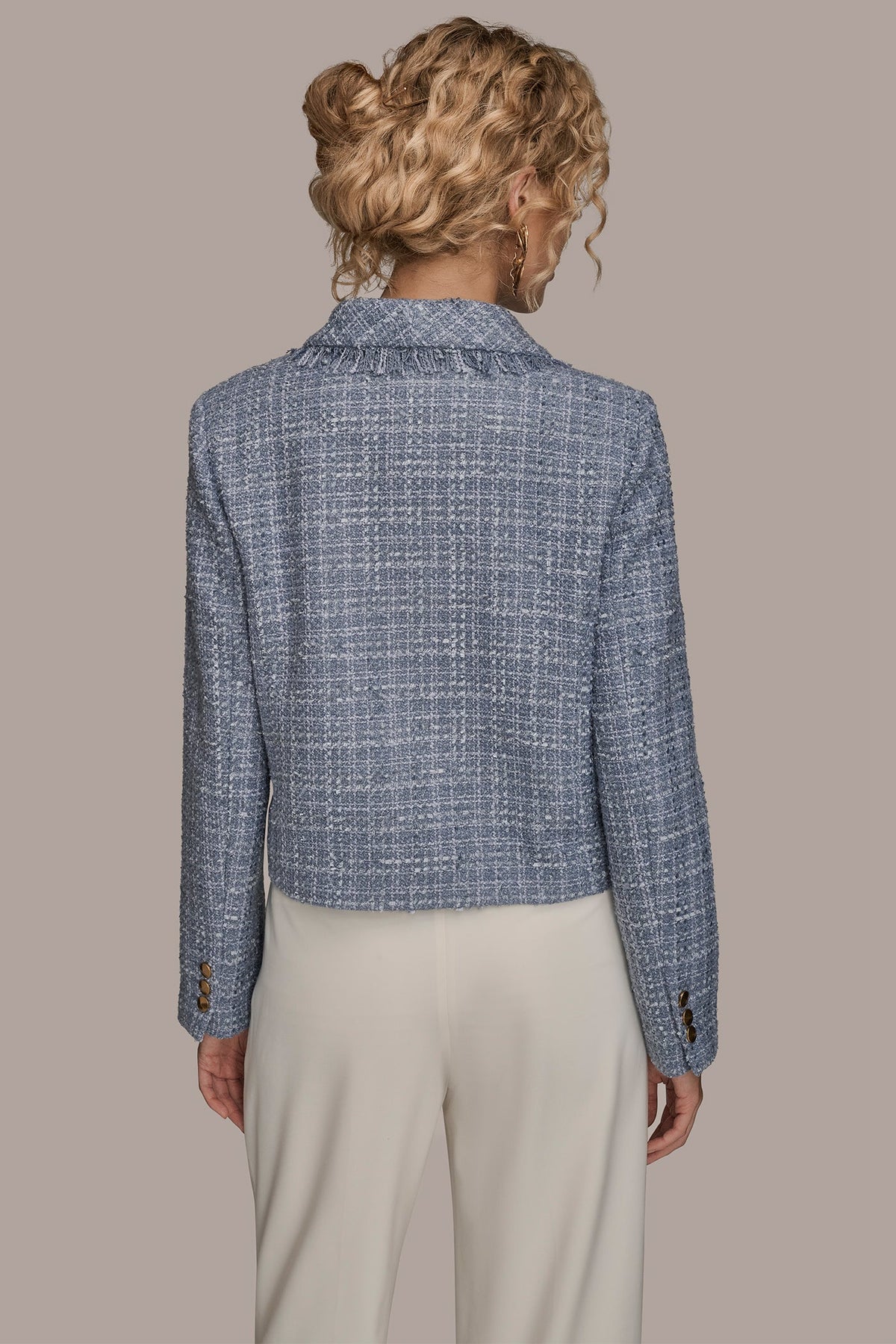 CROPPED DOUBLE-BREASTED FRINGED TWEED JACKET