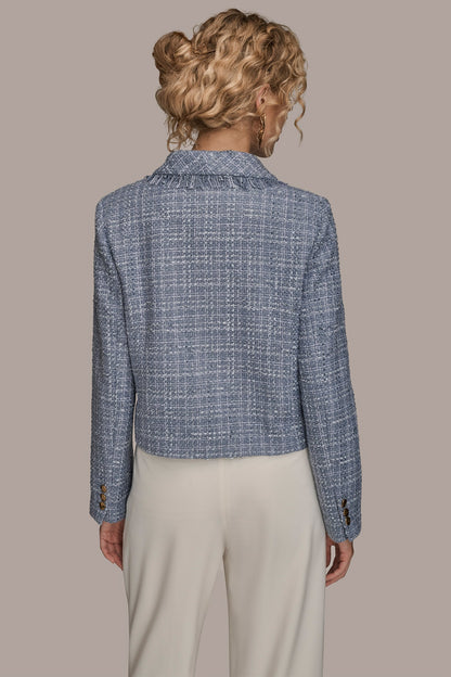 CROPPED DOUBLE-BREASTED FRINGED TWEED JACKET