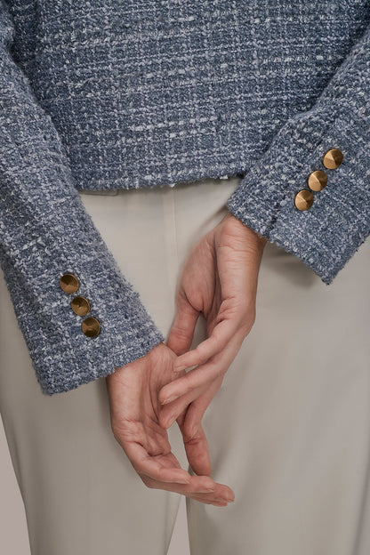 CROPPED DOUBLE-BREASTED FRINGED TWEED JACKET