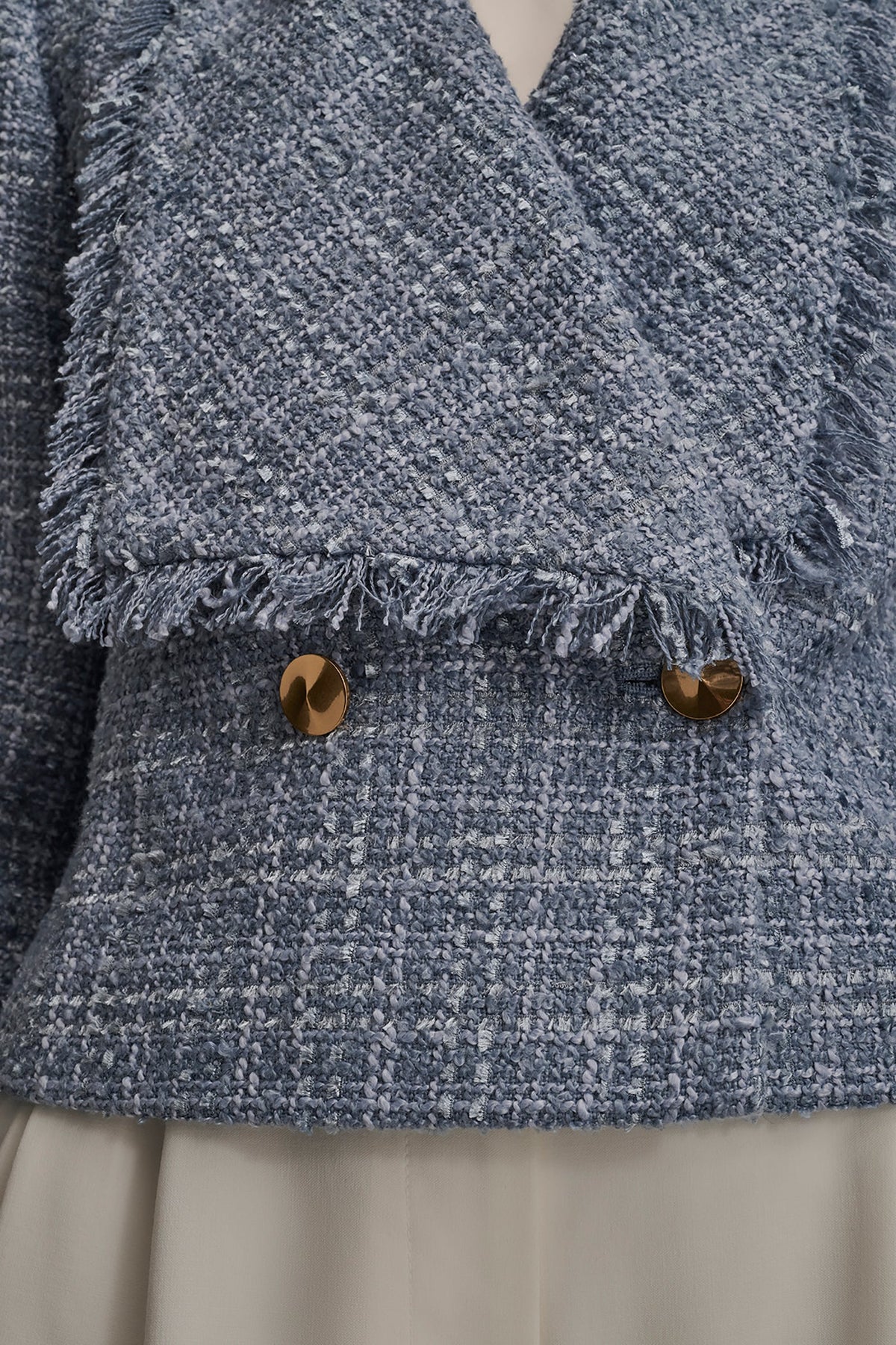 CROPPED DOUBLE-BREASTED FRINGED TWEED JACKET