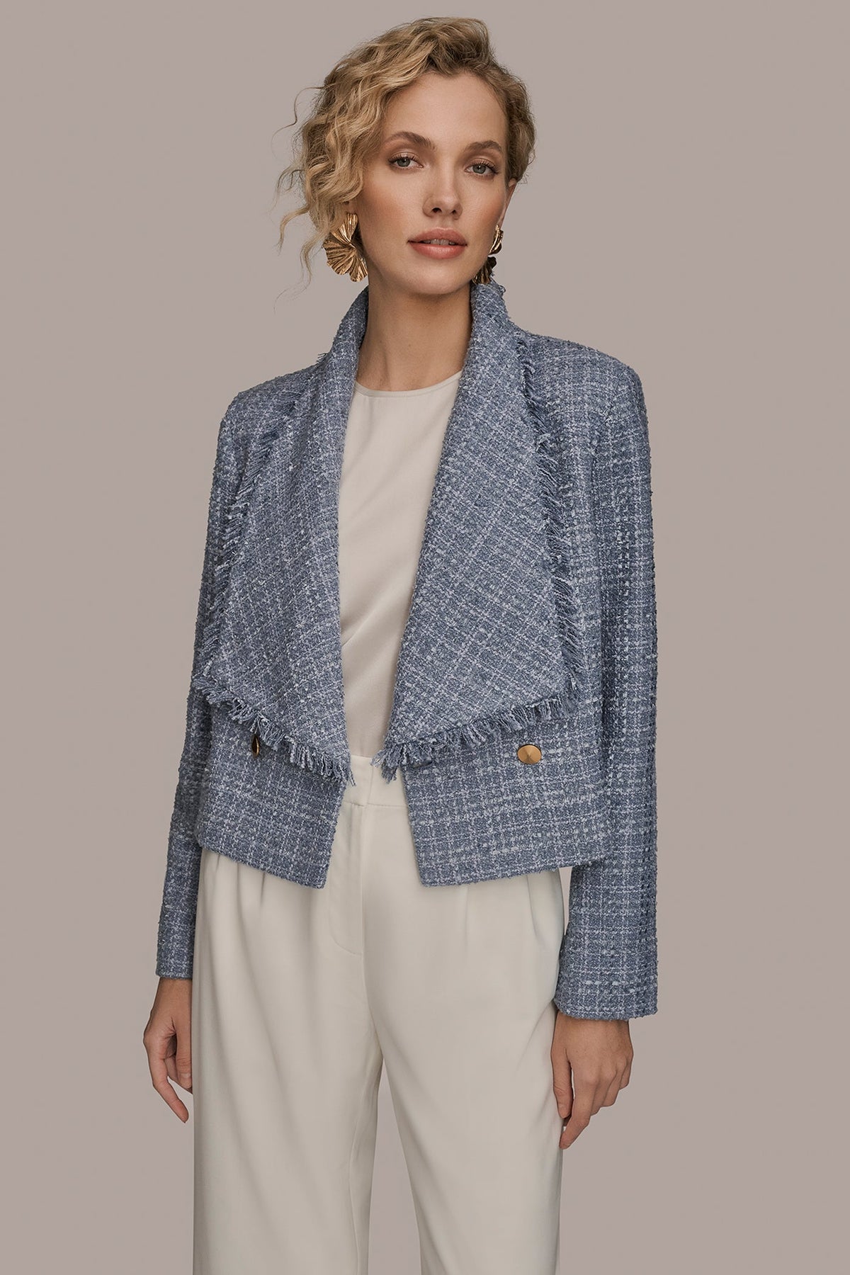 CROPPED DOUBLE-BREASTED FRINGED TWEED JACKET