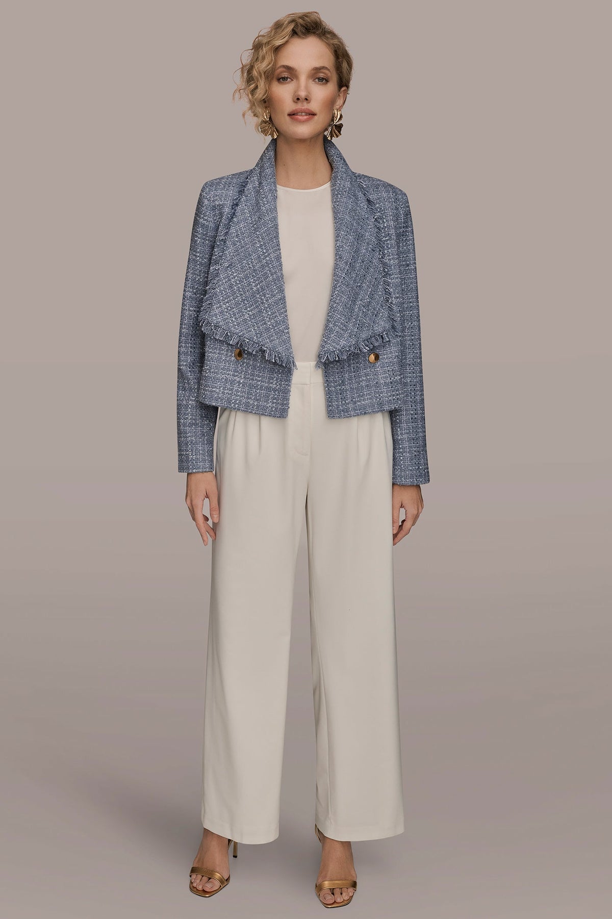CROPPED DOUBLE-BREASTED FRINGED TWEED JACKET