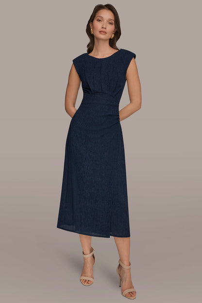 CRINKLED SLEEVELESS RUCHED MIDI DRESS