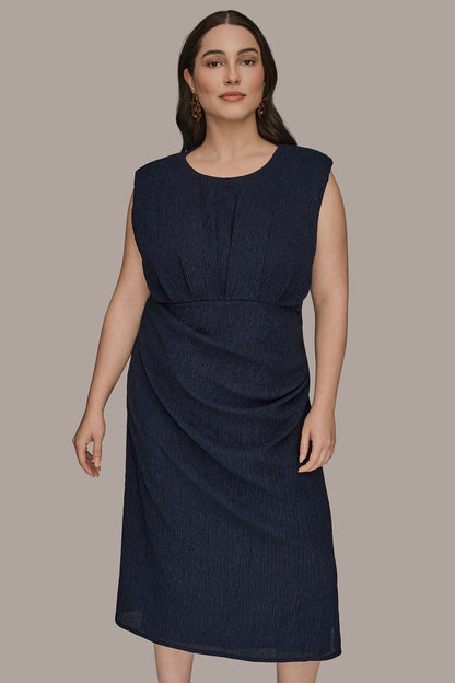 CRINKLED SLEEVELESS RUCHED MIDI DRESS