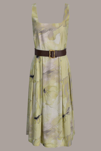 SLEEVELESS SQUARE NECK PRINTED BELTED MIDI FIT AND FLARE DRESS