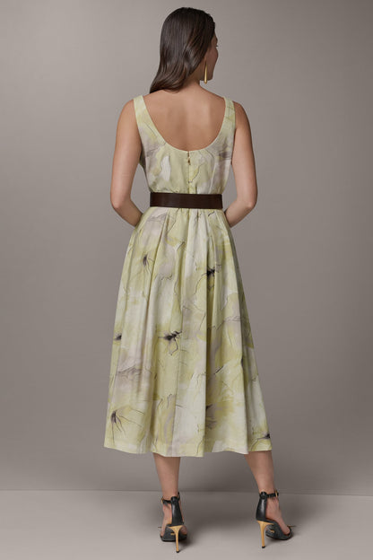 SLEEVELESS SQUARE NECK PRINTED BELTED MIDI FIT AND FLARE DRESS