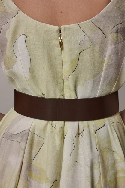 SLEEVELESS SQUARE NECK PRINTED BELTED MIDI FIT AND FLARE DRESS