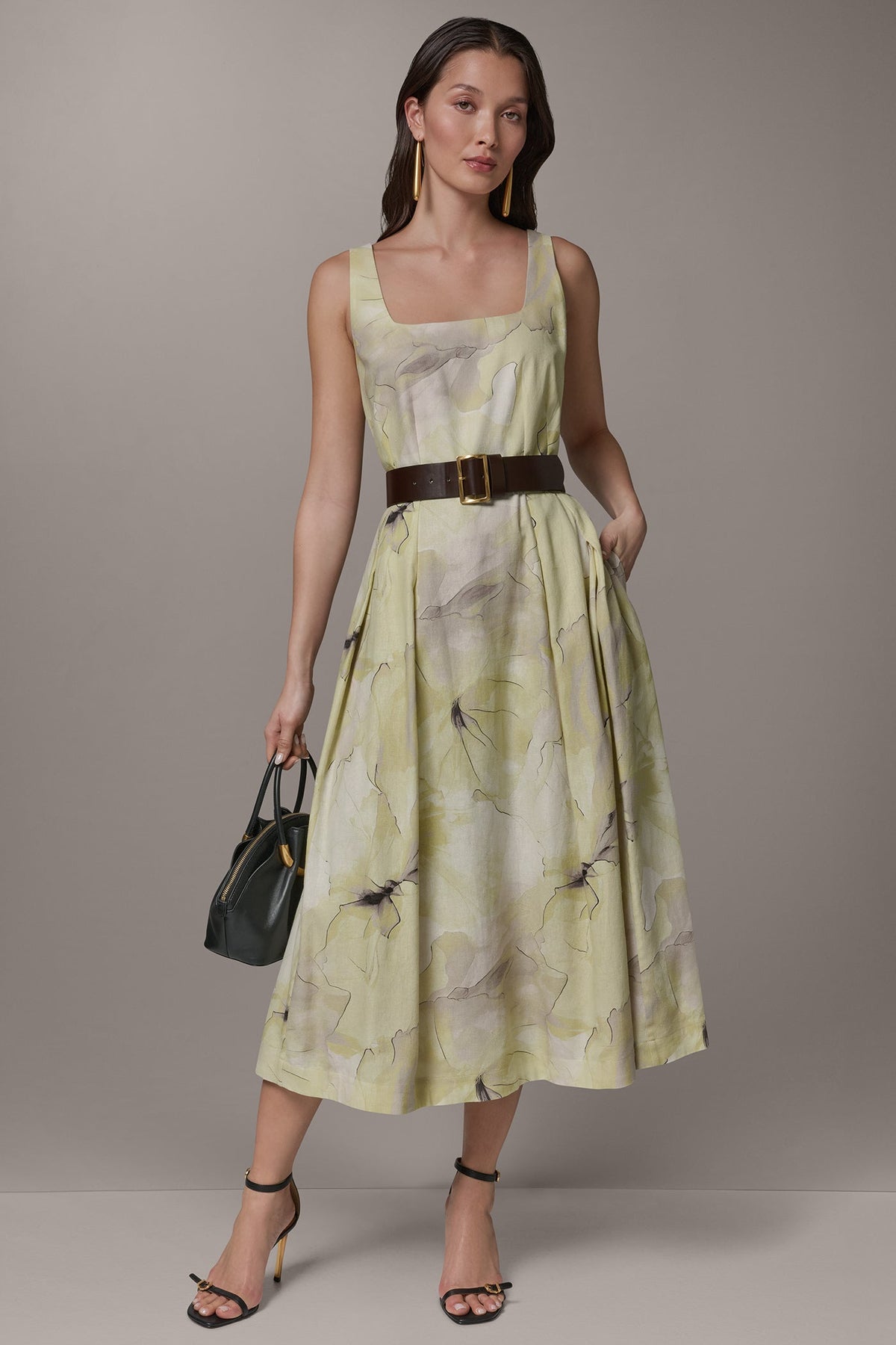 SLEEVELESS SQUARE NECK PRINTED BELTED MIDI FIT AND FLARE DRESS