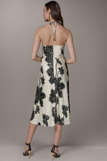 SLEEVELESS FLORAL MIDI HALTER DRESS