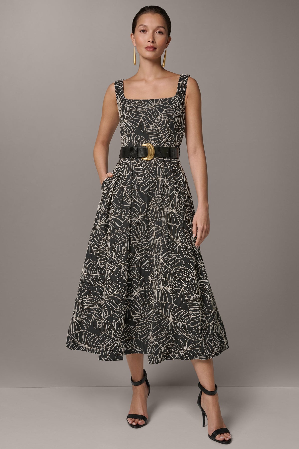 SLEEVELESS PLEATED MIDI A-LINE DRESS
