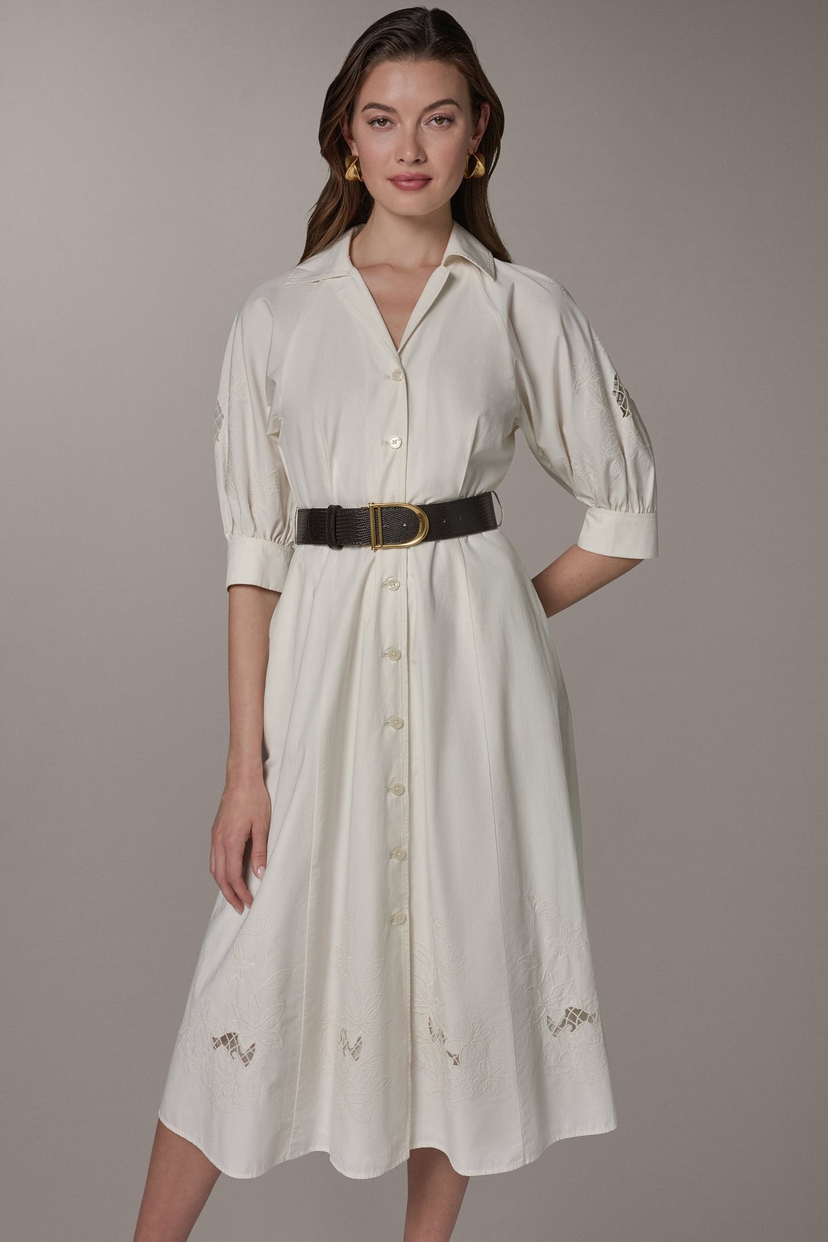 PUFF SLEEVE MIDI SHIRT DRESS