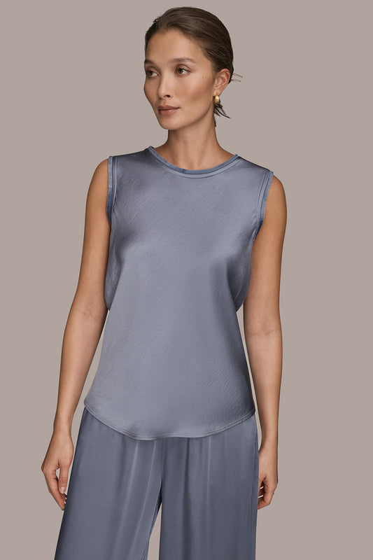 SATIN FRINGE-TRIMMED SLEEVELESS BLOUSE