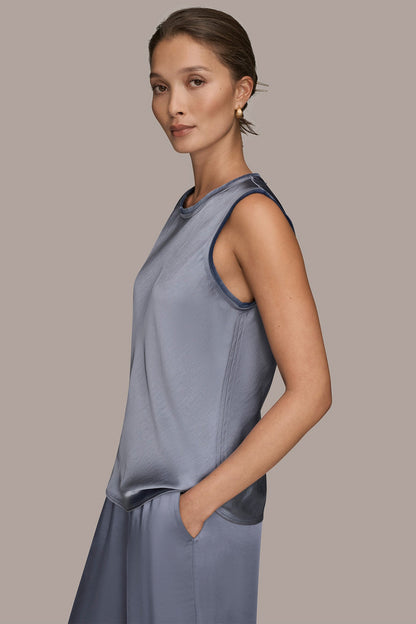 SATIN FRINGE-TRIMMED SLEEVELESS BLOUSE