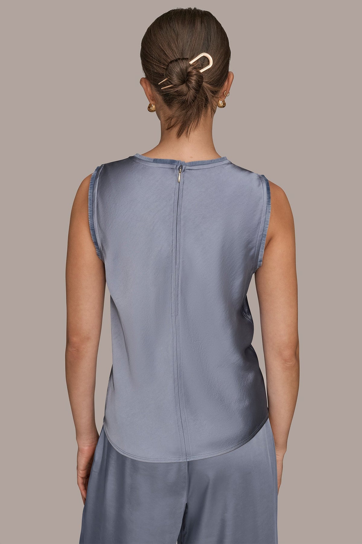 SATIN FRINGE-TRIMMED SLEEVELESS BLOUSE