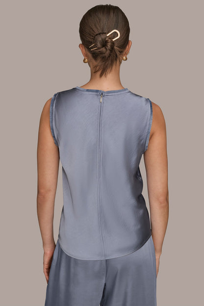 SATIN FRINGE-TRIMMED SLEEVELESS BLOUSE