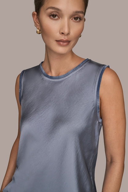 SATIN FRINGE-TRIMMED SLEEVELESS BLOUSE