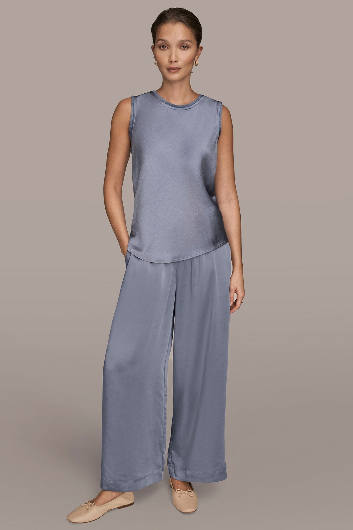 SATIN FRINGE-TRIMMED SLEEVELESS BLOUSE