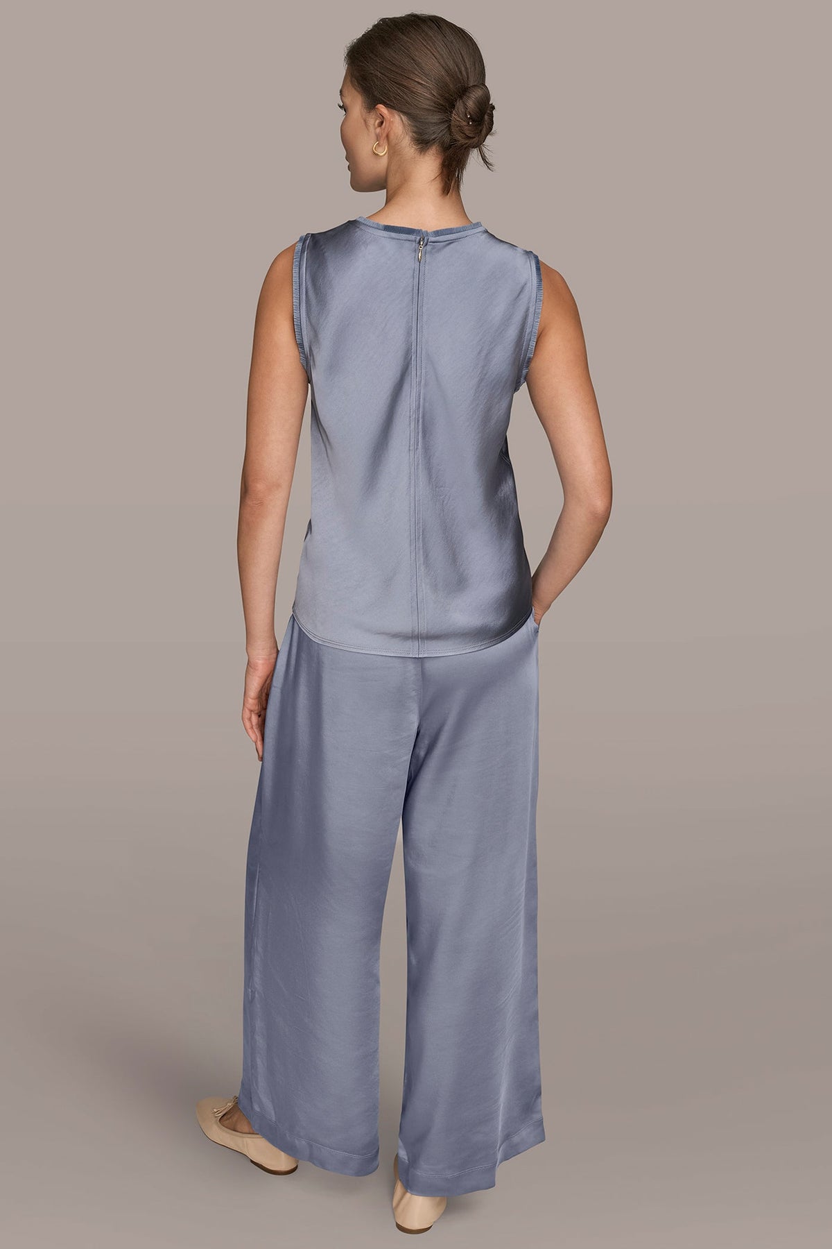 SATIN FRINGE-TRIMMED SLEEVELESS BLOUSE