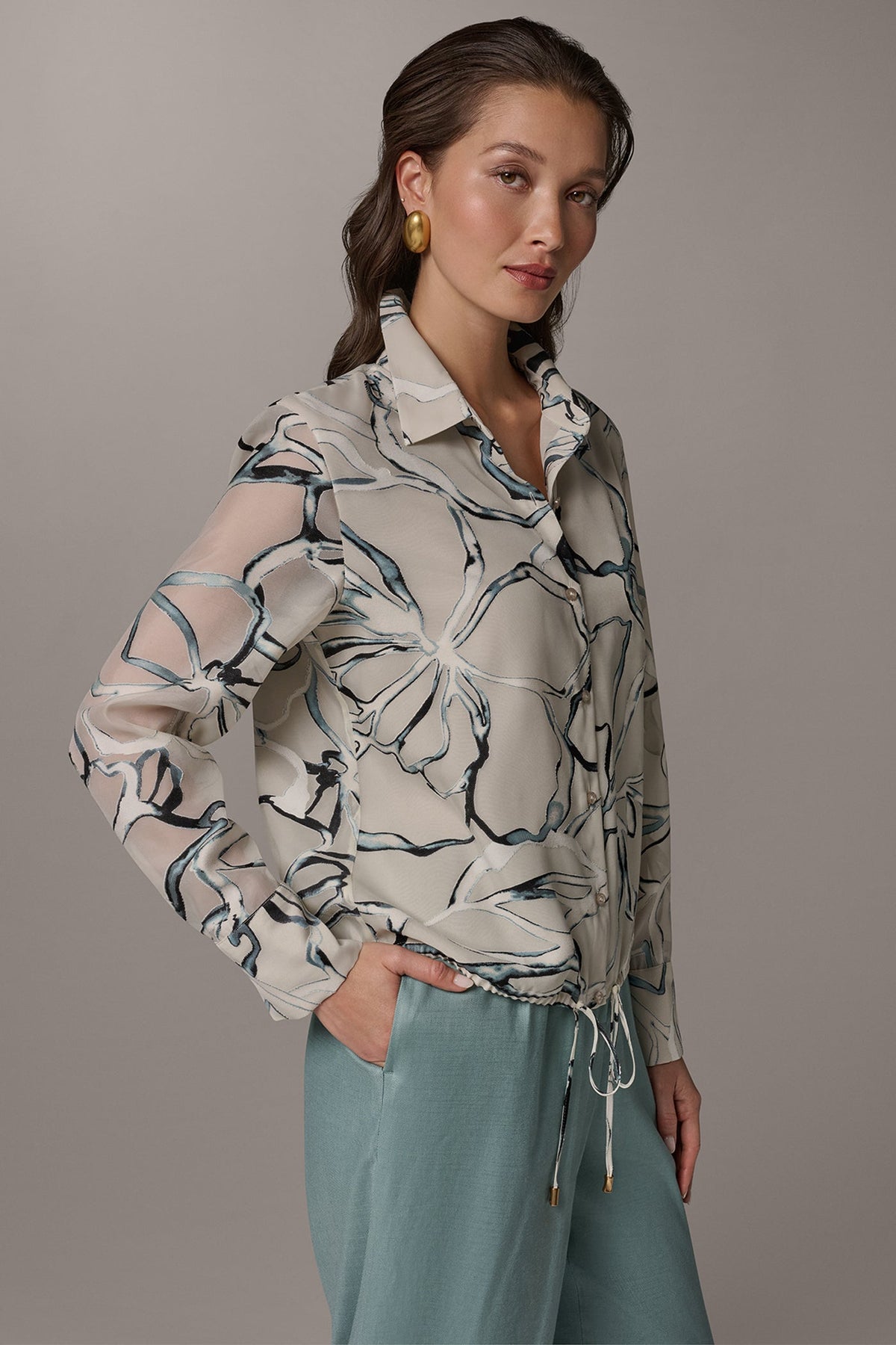 BURNOUT DRAWSTRING HEM BLOUSE