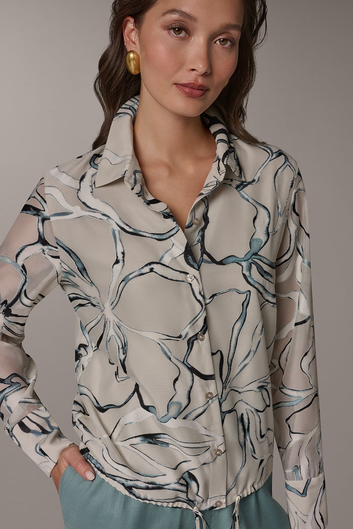 BURNOUT DRAWSTRING HEM BLOUSE