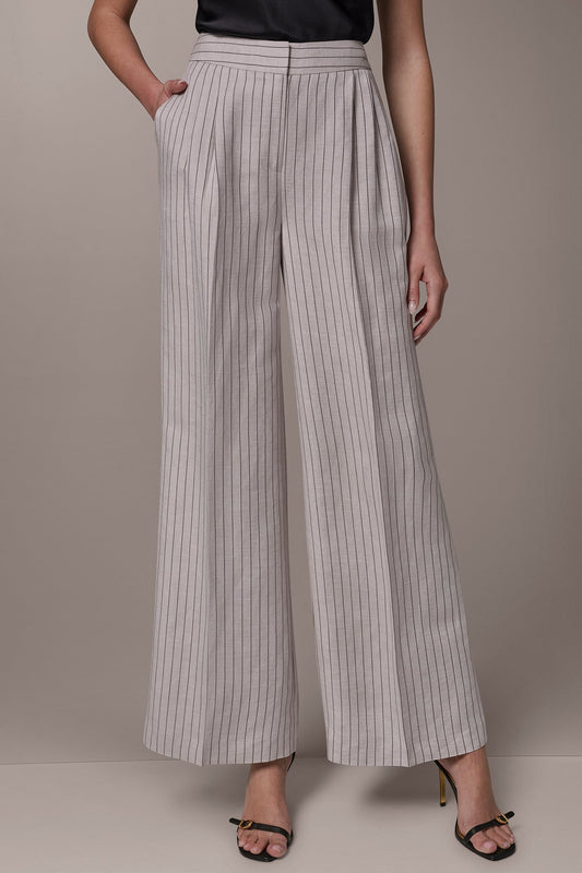 MID-RISE PINSTRIPE PLEATED WIDE-LEG PANT