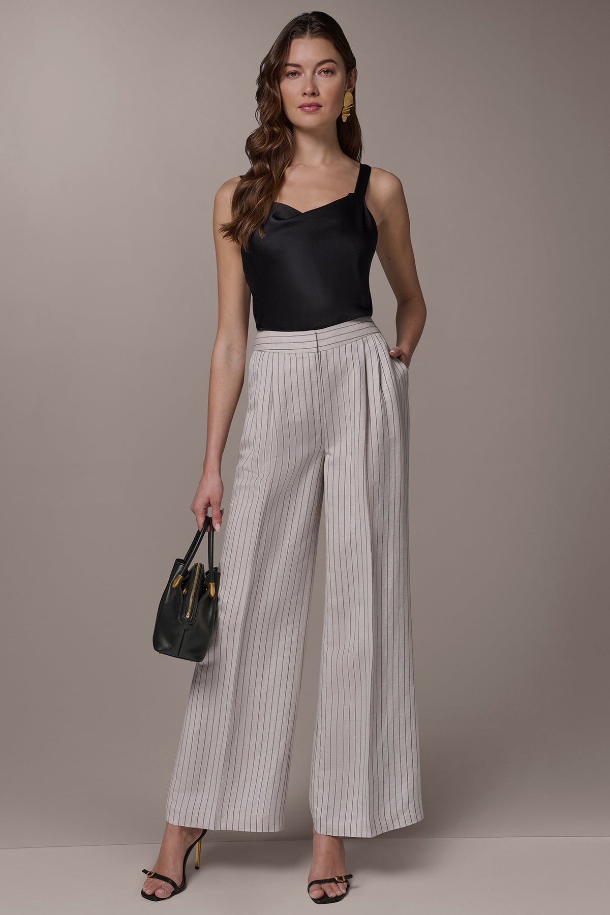 MID-RISE PINSTRIPE PLEATED WIDE-LEG PANT