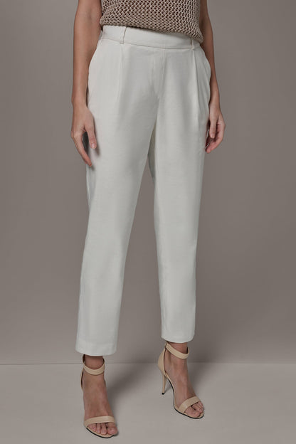LINEN-BLEND HIGH-RISE PLEATED STRAIGHT ANKLE PANT