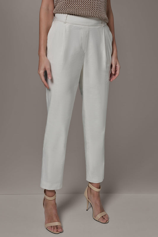 LINEN-BLEND HIGH-RISE PLEATED STRAIGHT ANKLE PANT