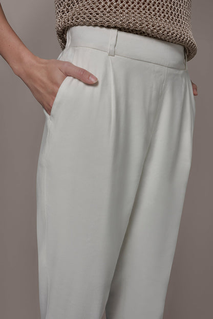 LINEN-BLEND HIGH-RISE PLEATED STRAIGHT ANKLE PANT