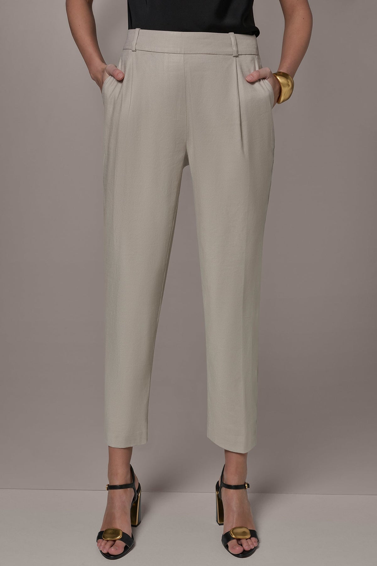 LINEN-BLEND PLEATED STRAIGHT ANKLE PANT