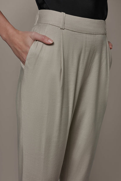 LINEN-BLEND PLEATED STRAIGHT ANKLE PANT