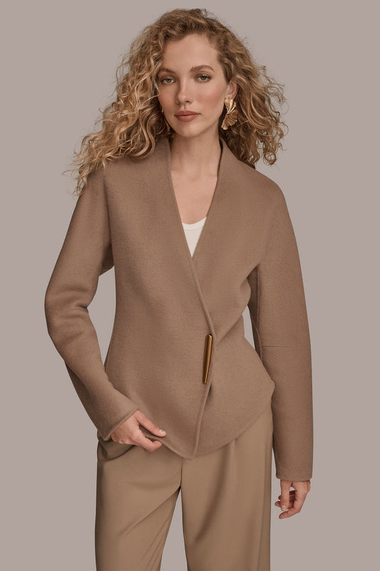 COLLARLESS EMBELLISHED WRAP JACKET