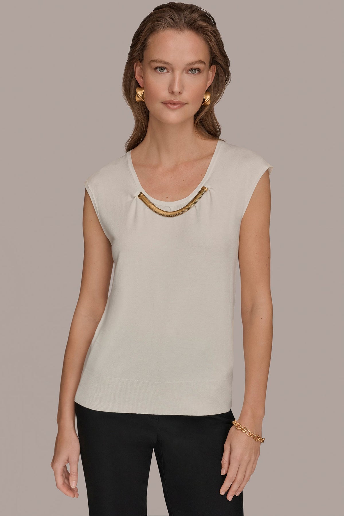 CAP SLEEVE METALLIC TRIM SWEATER
