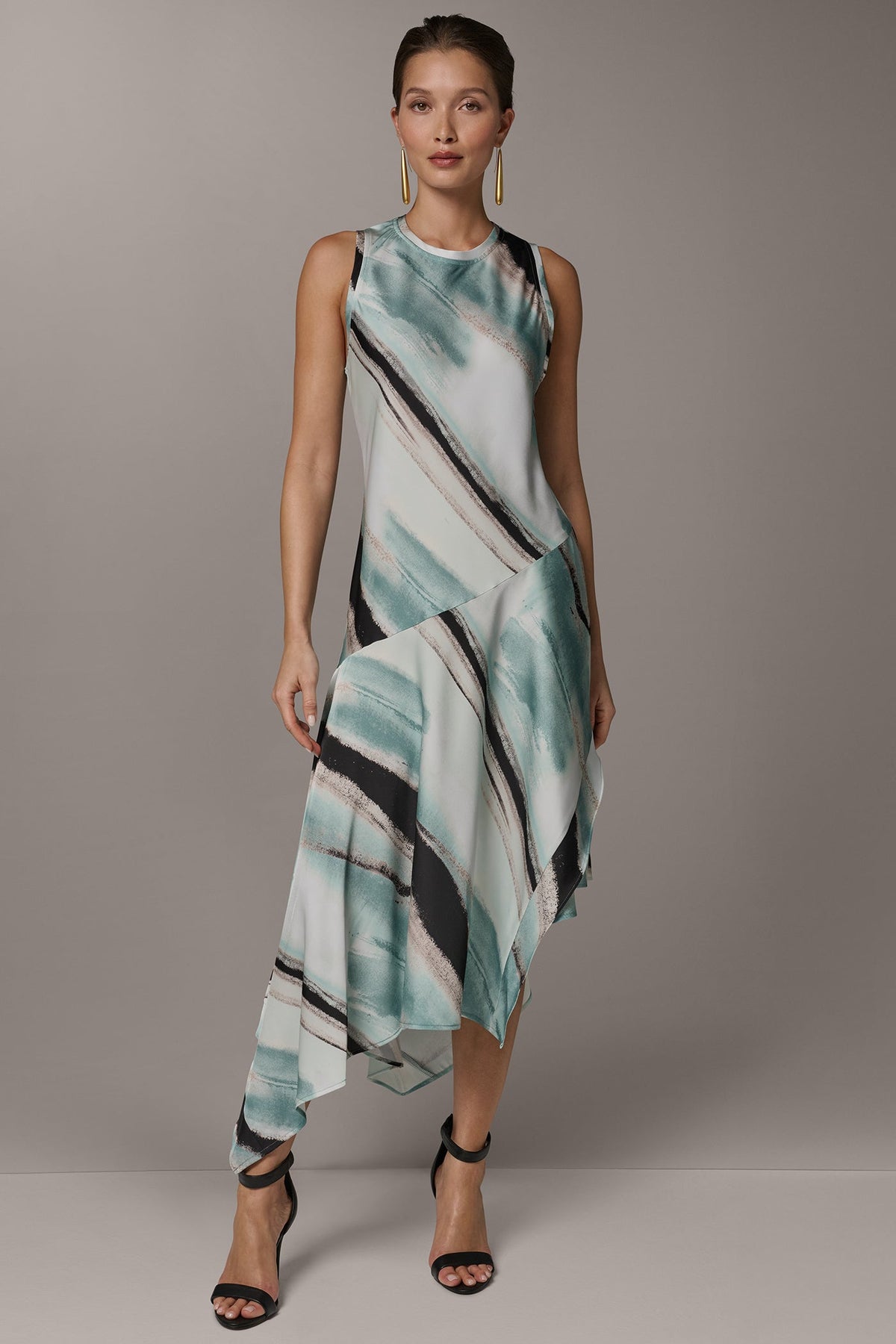 ASYMMETRIC PRINTED MIDI FIT AND FLARE DRESS