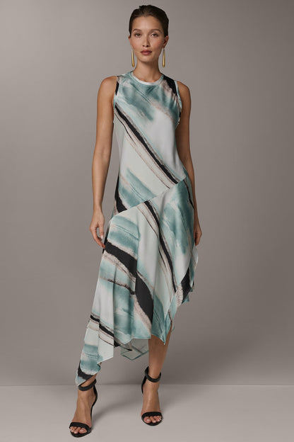 ASYMMETRIC PRINTED MIDI FIT AND FLARE DRESS