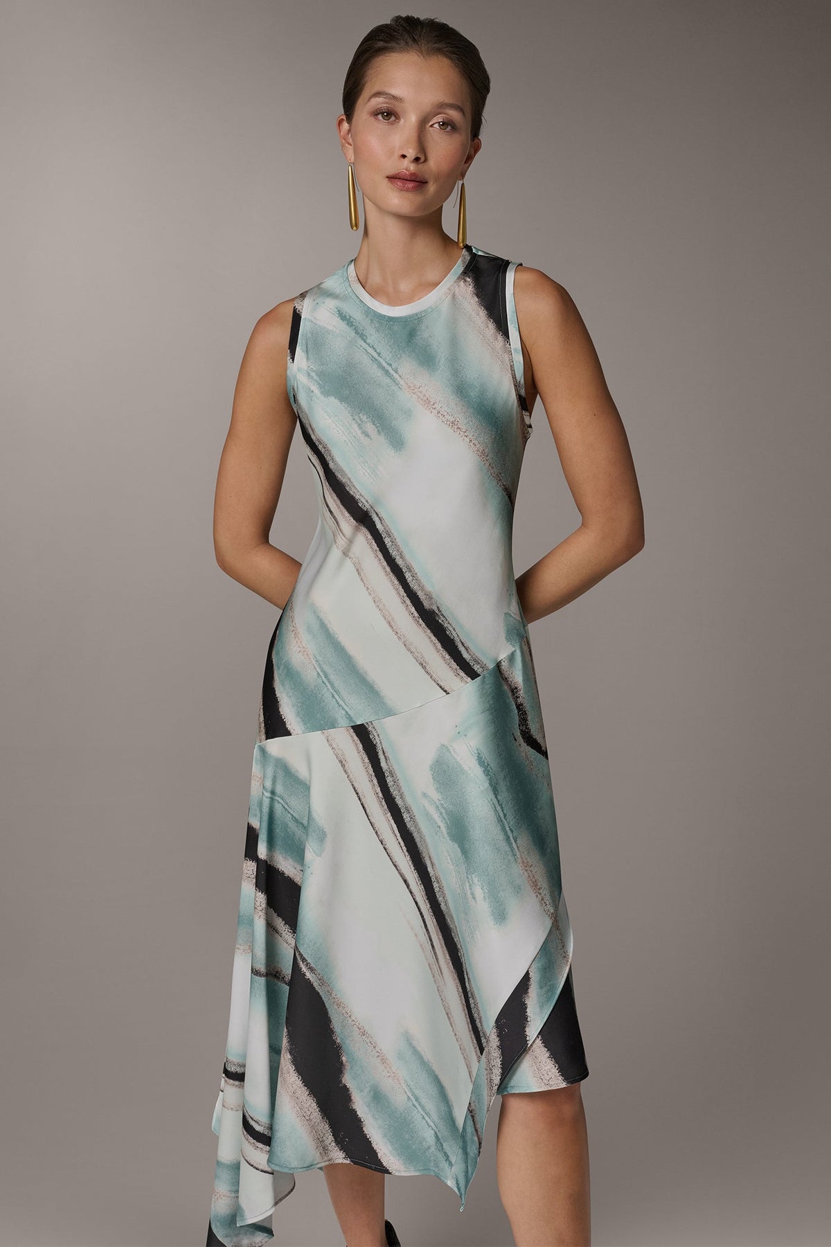 ASYMMETRIC PRINTED MIDI FIT AND FLARE DRESS