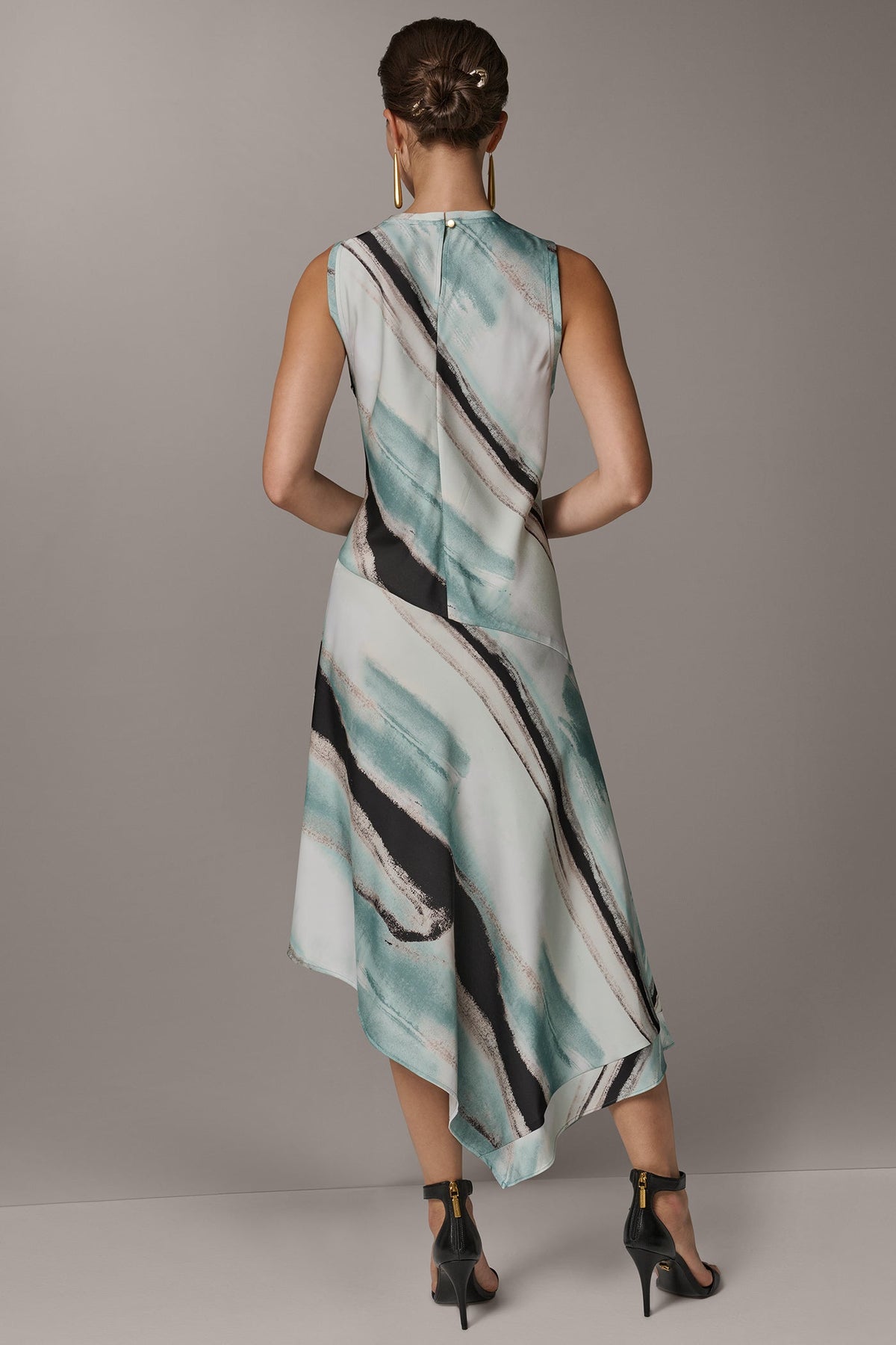 ASYMMETRIC PRINTED MIDI FIT AND FLARE DRESS