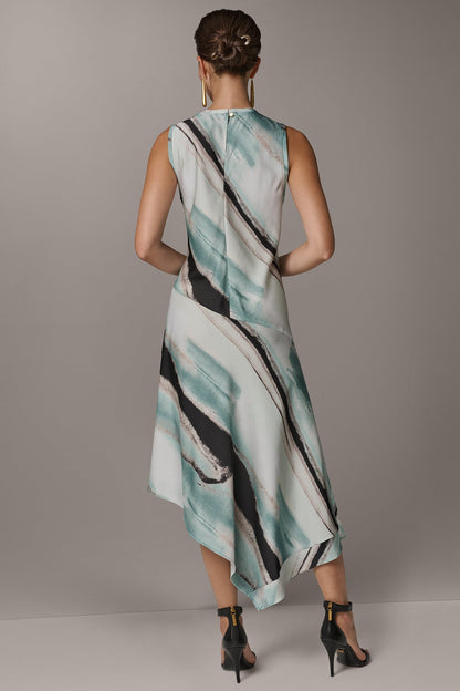 ASYMMETRIC PRINTED MIDI FIT AND FLARE DRESS