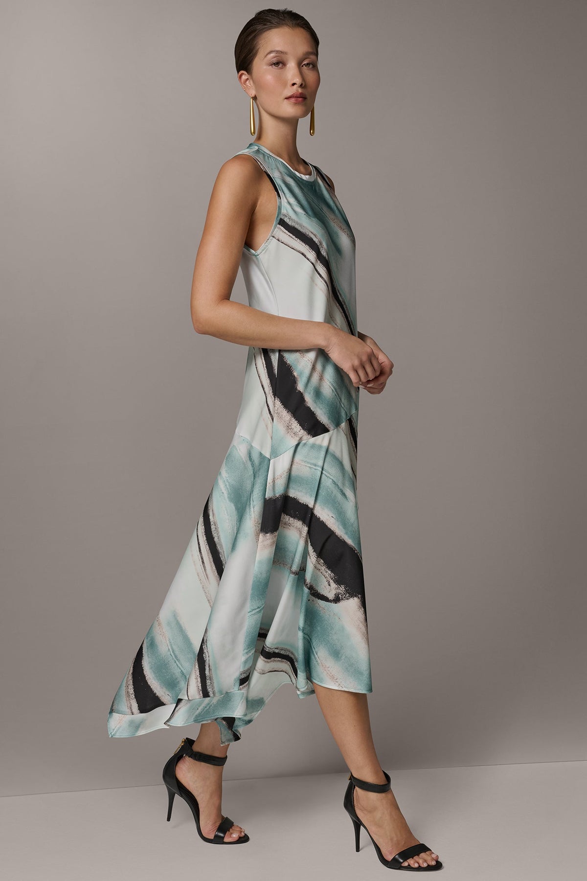 ASYMMETRIC PRINTED MIDI FIT AND FLARE DRESS