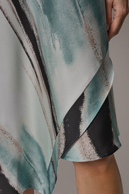 ASYMMETRIC PRINTED MIDI FIT AND FLARE DRESS