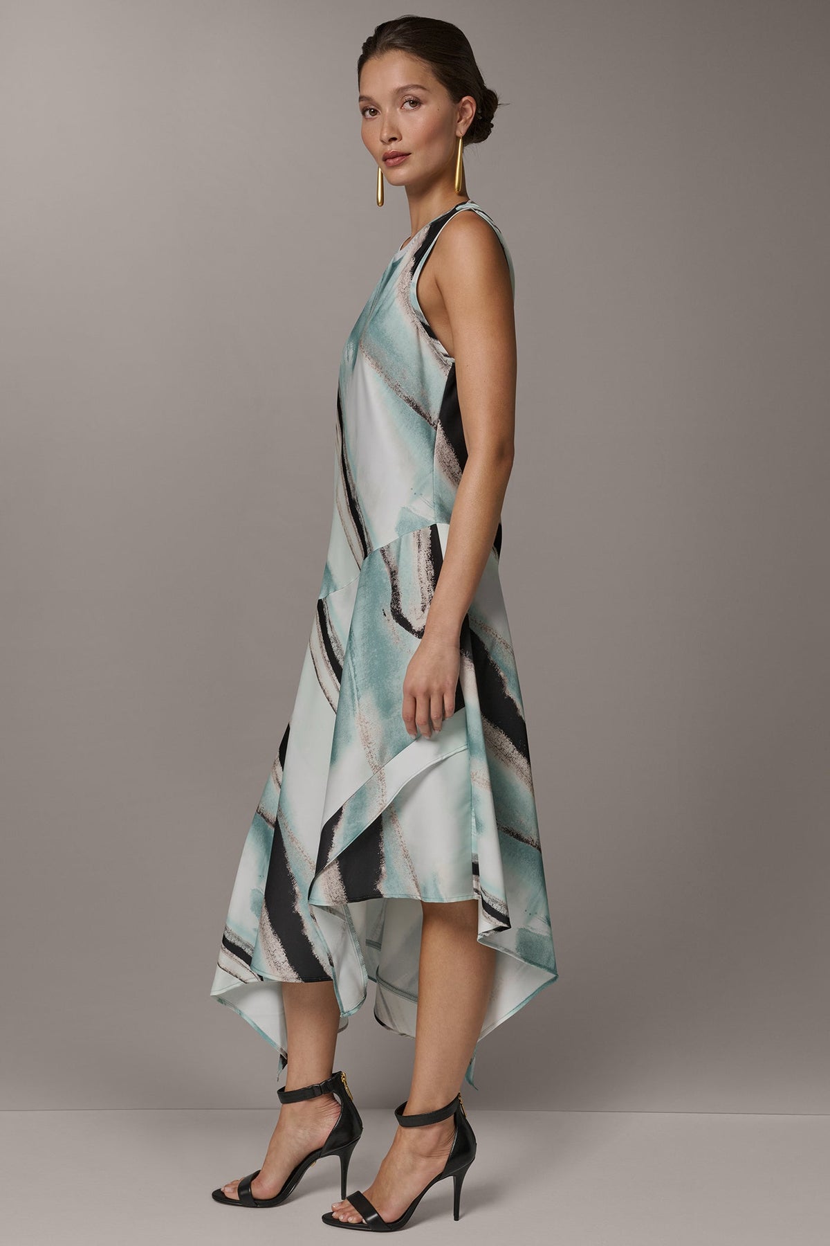 ASYMMETRIC PRINTED MIDI FIT AND FLARE DRESS