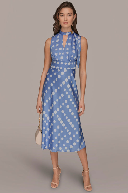 SATIN POLKA-DOT TIE-NECK MIDI DRESS