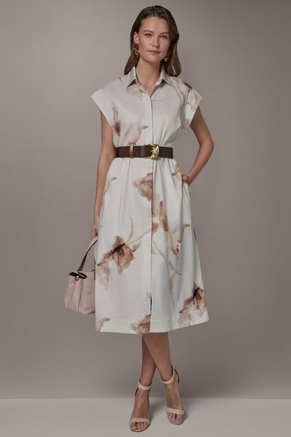 COTTON-SATEEN FLORAL MIDI SHIRT DRESS