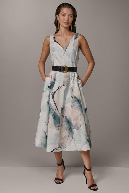STRETCH-COTTON PRINTED MIDI FIT AND FLARE DRESS