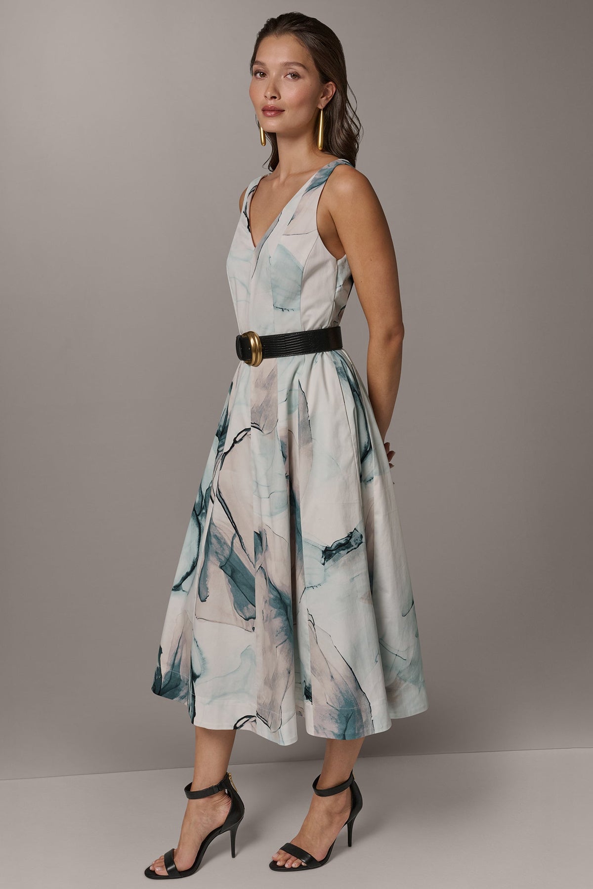STRETCH-COTTON PRINTED MIDI FIT AND FLARE DRESS