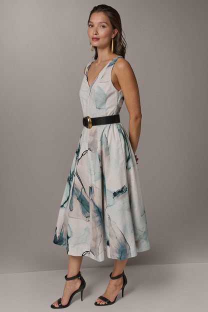 STRETCH-COTTON PRINTED MIDI FIT AND FLARE DRESS